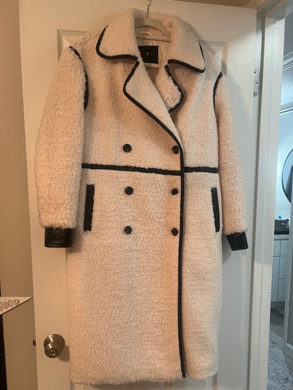 Cozy long Faux Shearling Long Coat - Cream with Black Trim